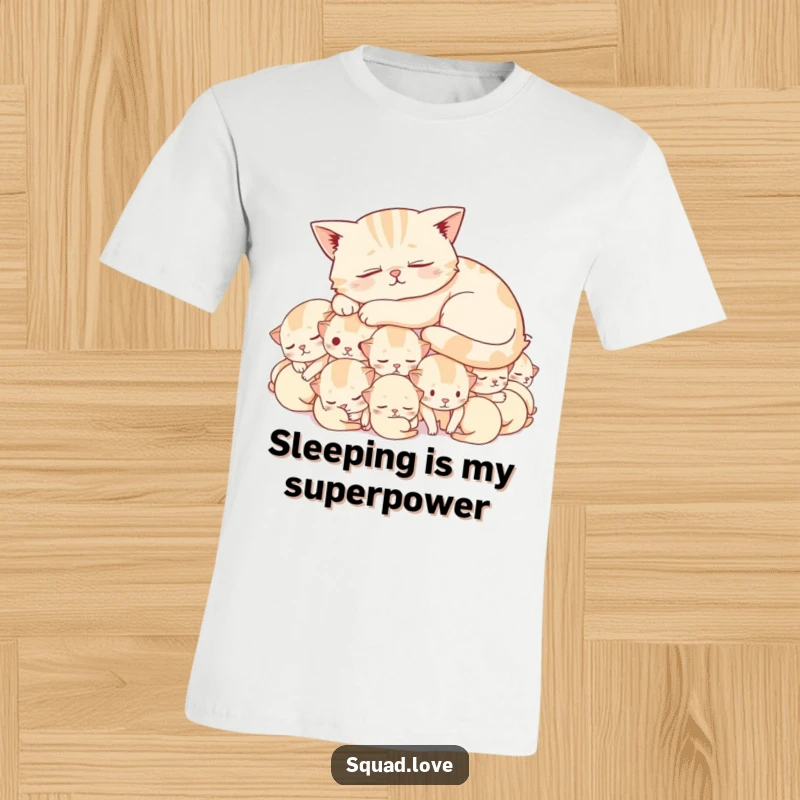 Funny t-shirt featuring a blissfully sleeping cat nestled atop a pile of adorable, contented kittens, a scene of pure, humorous serenity.