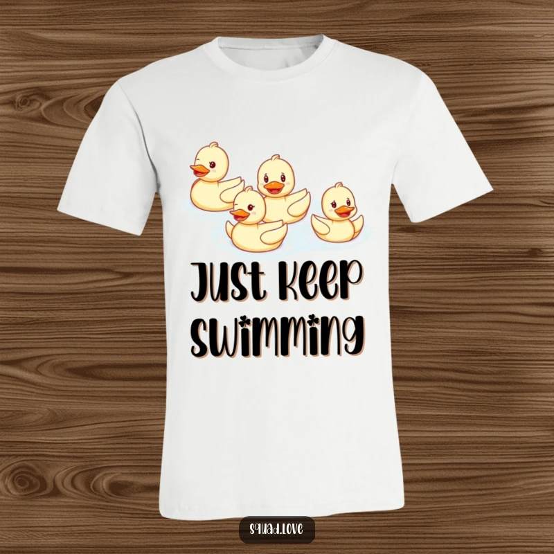 Funny t-shirt featuring a smiling duck family swimming in perfect formation, symbolizing unity and cheerful synchronized movement.