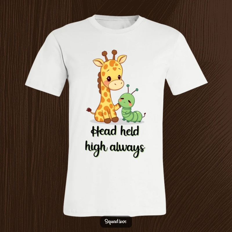 Funny t-shirt featuring a towering giraffe gently patting a small, unhappy caterpillar, illustrating empathy and support.
