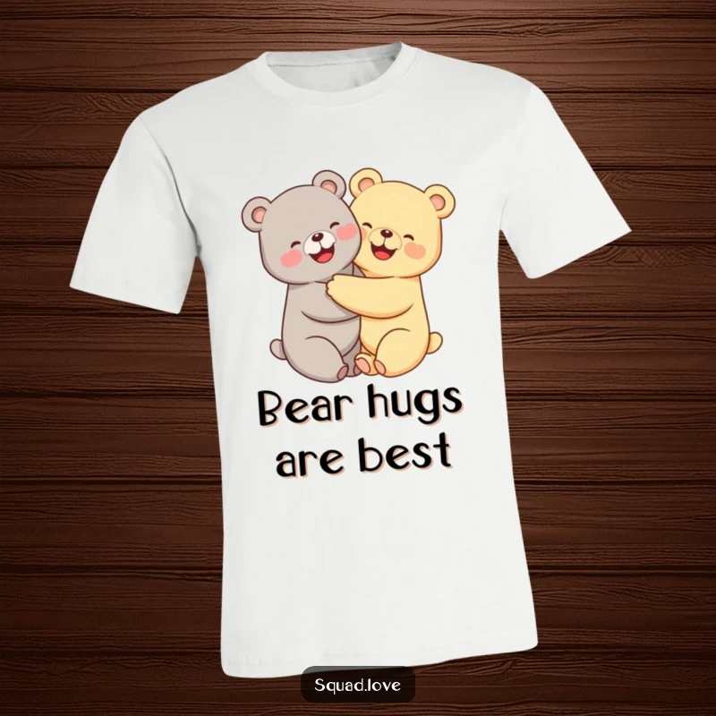 Funny kawaii bears t-shirt, two cheerful bears hugging tightly, their beaming smiles radiating happiness and togetherness.