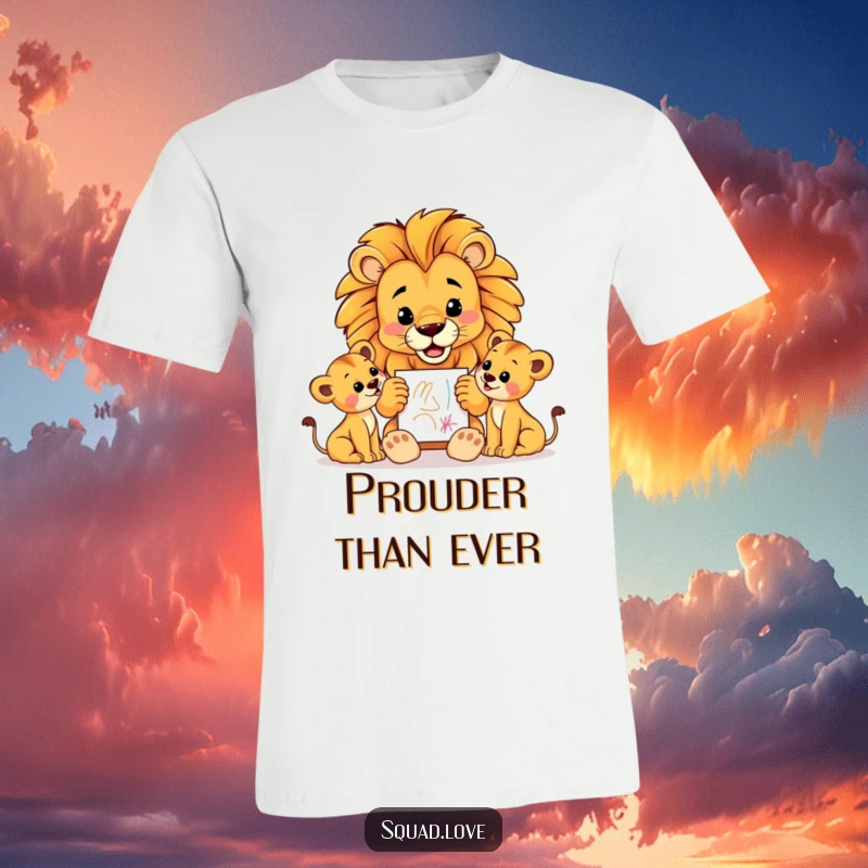 Funny t-shirt depicting a proud lion father displaying a child's crayon drawing to his cubs, symbolizing encouragement and paternal pride.