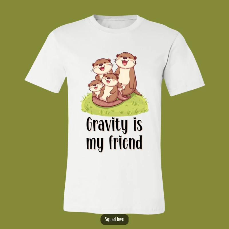 Funny Otter Family T-Shirt: Joyful Grassy Hill Slide, Comical Animal Tee