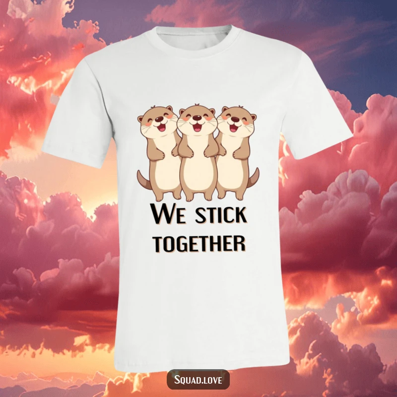 Funny t-shirt with three happy otters holding hands and cheering loudly, celebrating friendship with infectious, humorous energy.