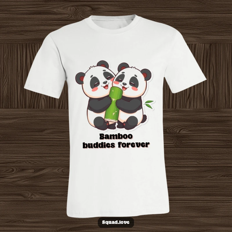 Funny T-Shirt depicting two happy pandas hugging tightly as they share a large bamboo stalk, symbolizing friendship and joy.