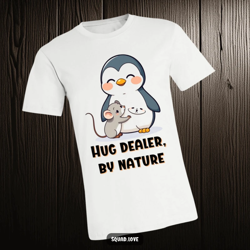 Funny t-shirt depicting a joyful kawaii penguin offering a big, warm hug to a shy, adorable mouse, celebrating kindness.