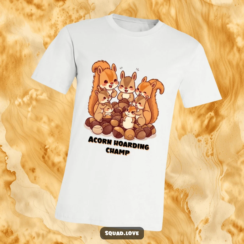 Funny t-shirt displaying a mischievous squirrel family hoarding acorns and chattering, perfect for nature lovers and humor enthusiasts.