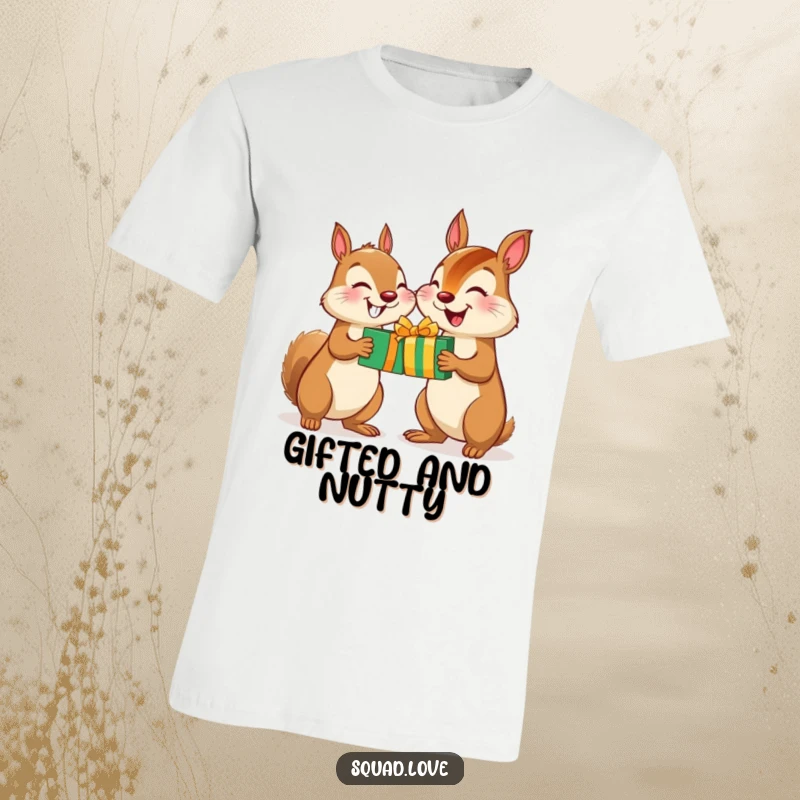 Funny Squirrel Chipmunk Gift T-Shirt: A cute squirrel and chipmunk smiling widely while swapping gifts, embodying pure joy and camaraderie.
