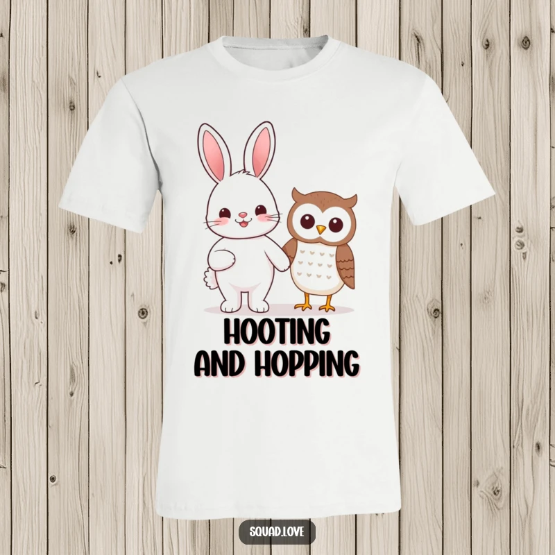 Funny beaming kawaii bunny and smiling owl joyfully holding hands, printed on a soft t-shirt.