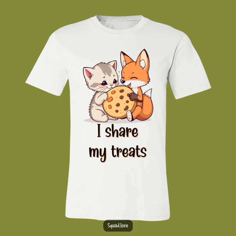 Funny Kitten & Fox Cookie T-Shirt: Playful Friends Share Treat, Great Funny Gift
