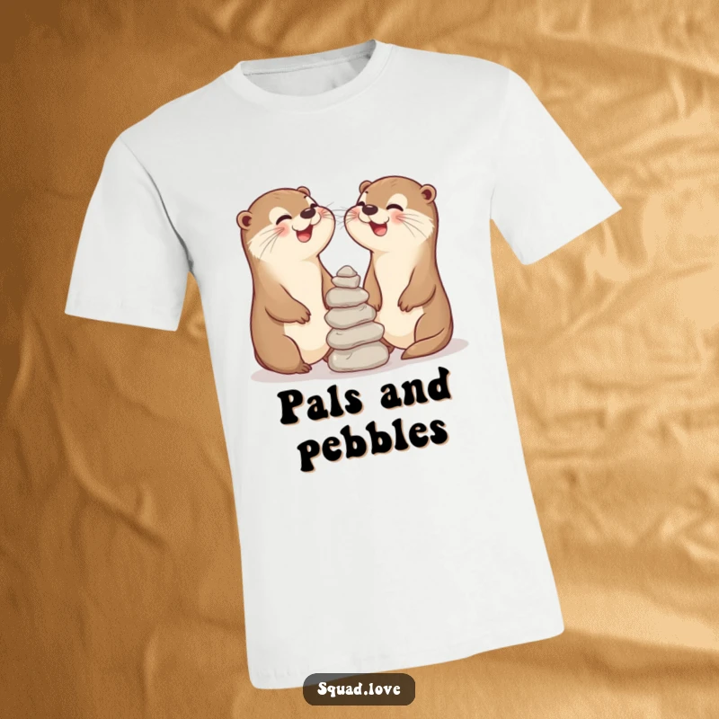 Funny t-shirt depicting two joyful otter pals laughing while balancing stones, symbolizing friendship, skill, and shared amusement.