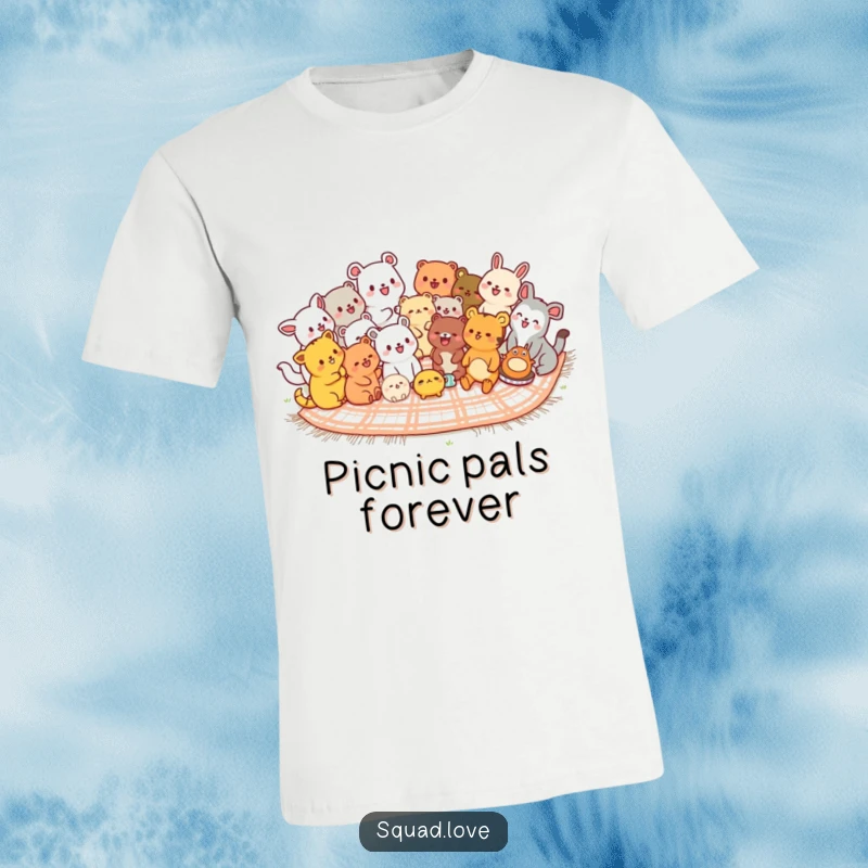 Funny kawaii animals t-shirt, a diverse group of cute animals laughing happily while sharing a picnic blanket outdoors.