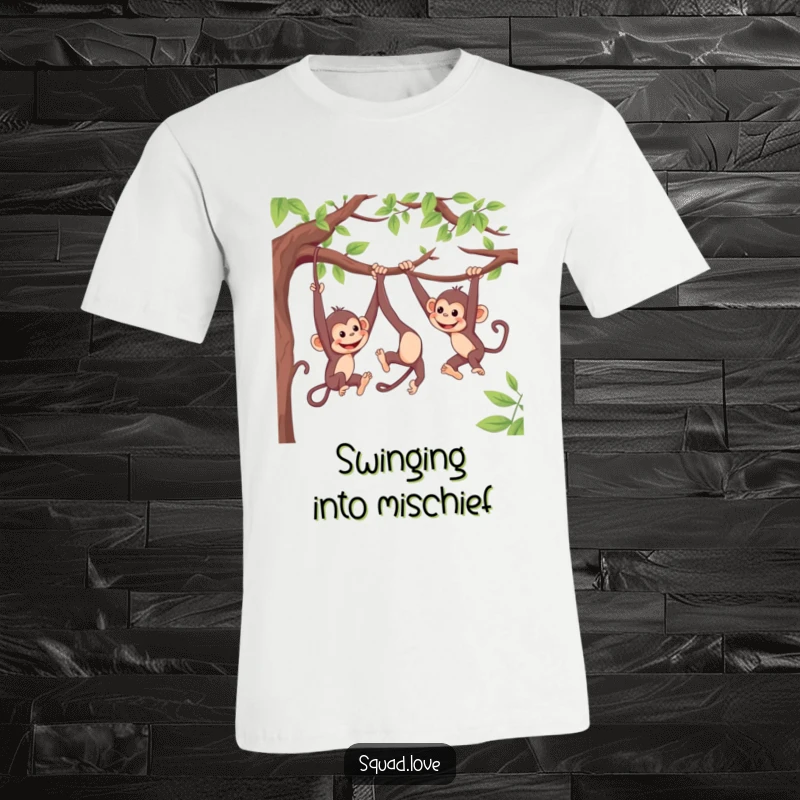 Funny t-shirt with dynamic monkeys mid-swing on branches, playfully reaching towards each other, capturing energetic, humorous interaction.