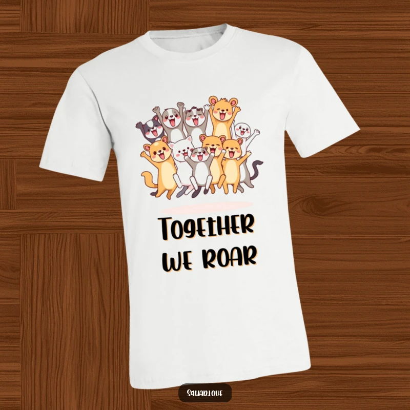 Funny t-shirt featuring a diverse collection of animals joyfully leaping and cheering in unison, radiating excitement and friendship.