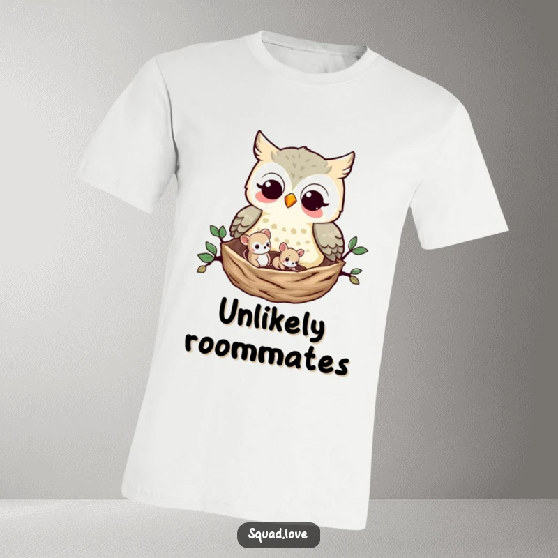 Funny Owl and Mouse T-Shirt: A playful owl and a small mouse happily share a nest, showcasing a sweet and heartwarming depiction of interspecies friendship.