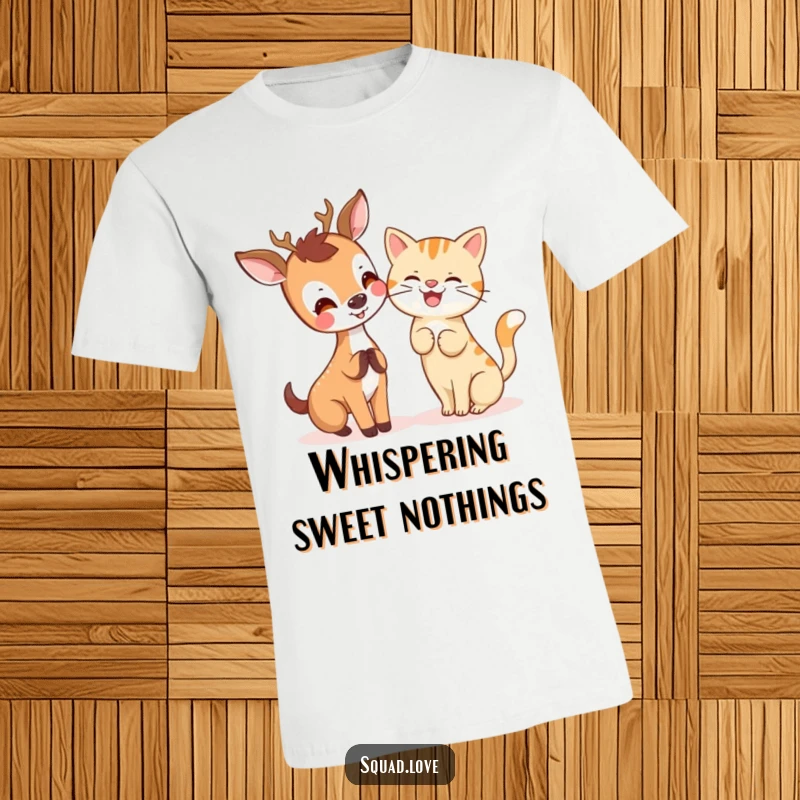 A joyful kawaii deer sharing a secret with a giggling cat, printed on a soft and comfortable t-shirt.