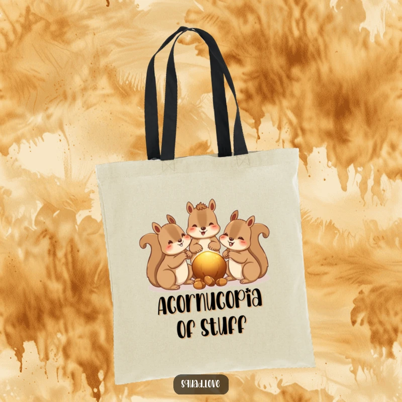 Funny tote bag with happy squirrels sharing nuts, a warm glow between them, ideal for market trips.