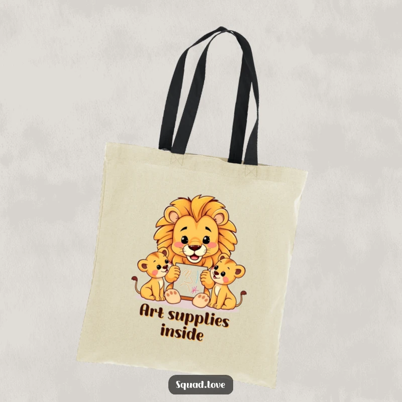 Funny tote bag with a proud lion father presenting a crayon drawing to his cubs, symbolizing artistic support and fatherly love.