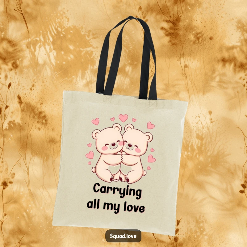 Funny tote bag with two cheerful bears hugging tightly, surrounded by hearts, ideal for carrying daily items.
