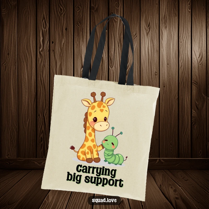 Funny tote bag featuring a tall giraffe gently patting a small, glum caterpillar, promoting empathy and gentle interactions.