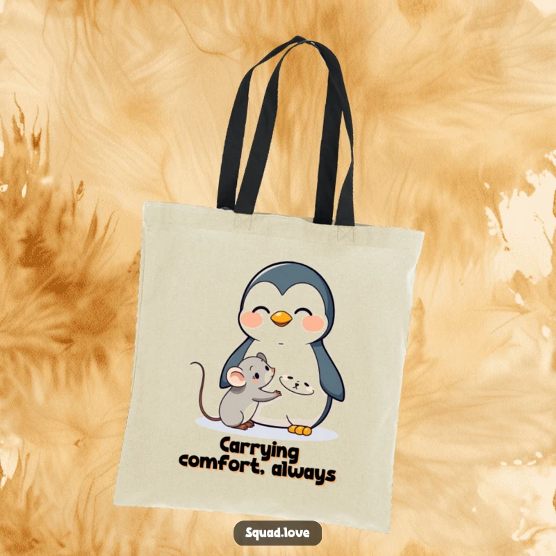 Funny tote bag featuring a cheerful penguin offering a comforting hug to a shy mouse, perfect for carrying daily items.