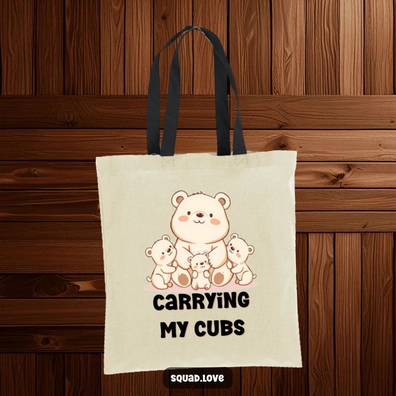 A cute kawaii mama bear proudly watching her playful cubs, printed on a durable and stylish tote bag.