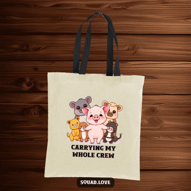 Funny piglet and friends tote bag showcasing a happy piglet holding hands with a diverse group of animals, promoting unity.