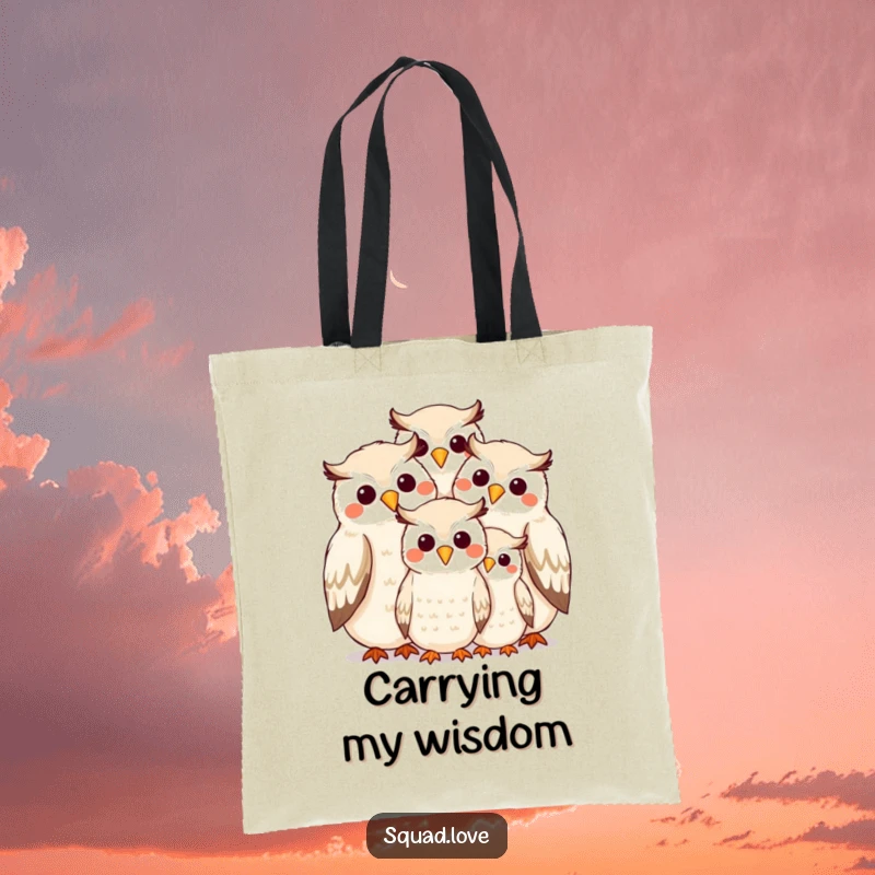 Funny owl family huddling, beak to beak, with big smiles, printed on a durable tote bag, charming accessory.