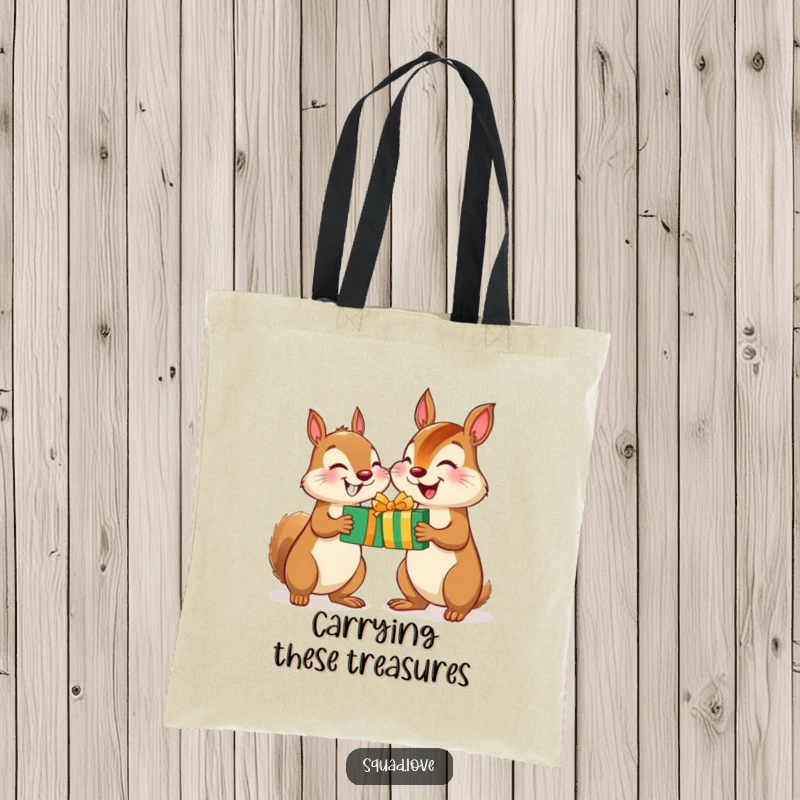 Funny Squirrel Chipmunk Gift Tote Bag: A squirrel and chipmunk smiling happily while swapping gifts, perfect for carrying items with charm.