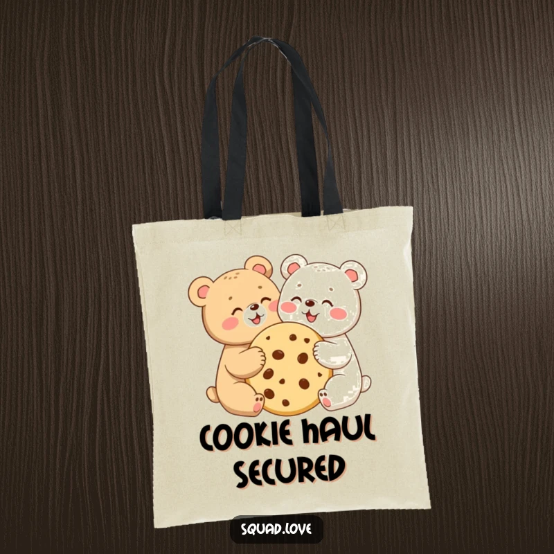Two adorable bear cubs sharing a giant cookie, on a durable tote bag, symbolizing friendship and shared joy.