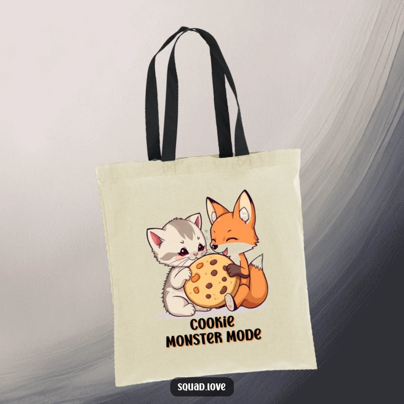 Funny kitten and fox tote bag showcasing a playful kitten and a fox sharing a giant cookie, perfect for carrying treats.