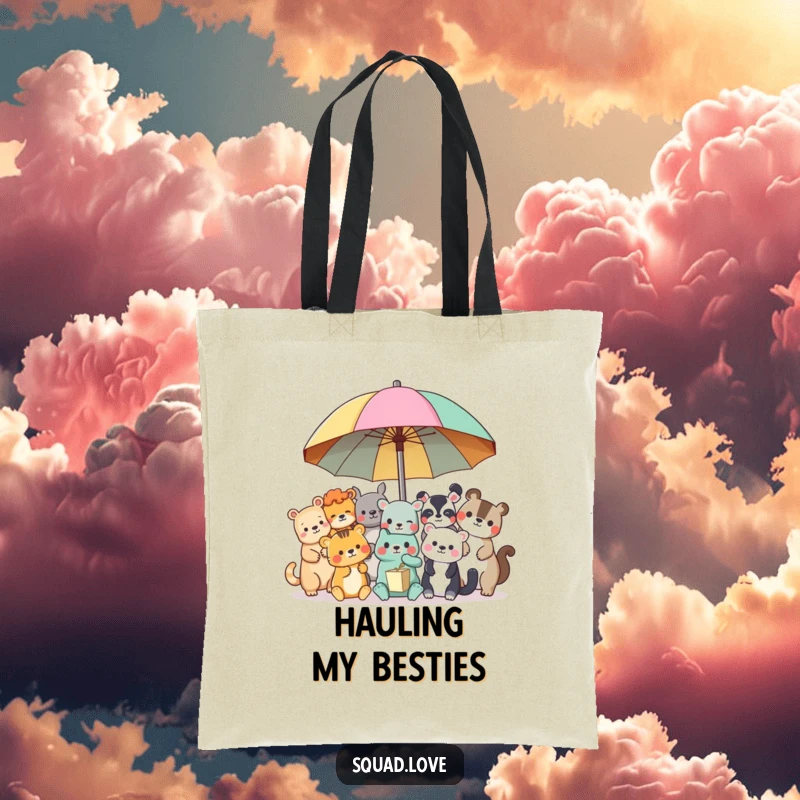 Funny animal friends tote bag, showing diverse animals sharing a vibrant umbrella, ideal for carrying essentials with joy.