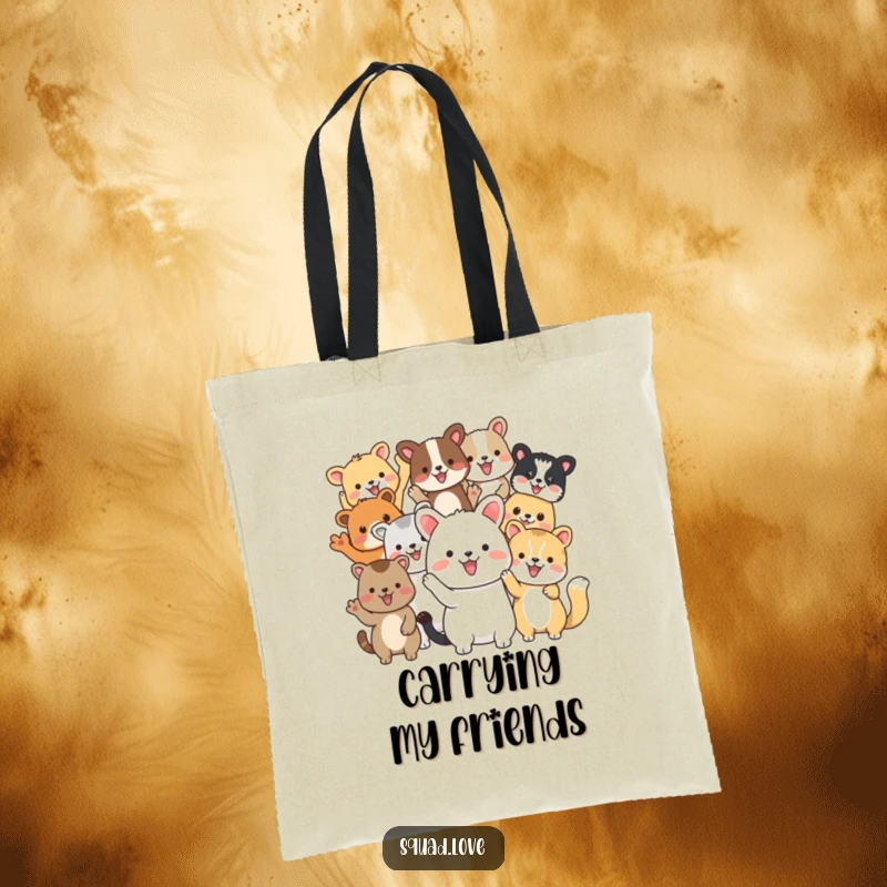 Funny tote bag illustrated with diverse animal friends waving enthusiastically, symbolizing a joyful celebration of unity and friendship.