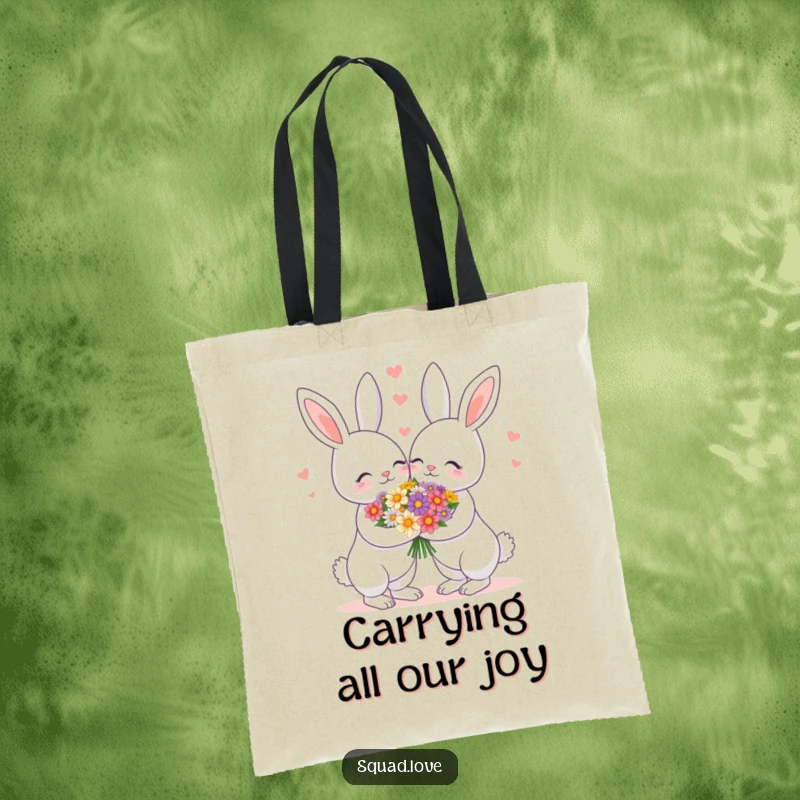 Funny tote bag depicting a loving bunny couple exchanging a bouquet of flowers, ideal for carrying daily items humorously.