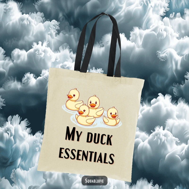 Funny tote bag showing a smiling duck family swimming in perfect formation, perfect for carrying items with a dose of cheerful unity.