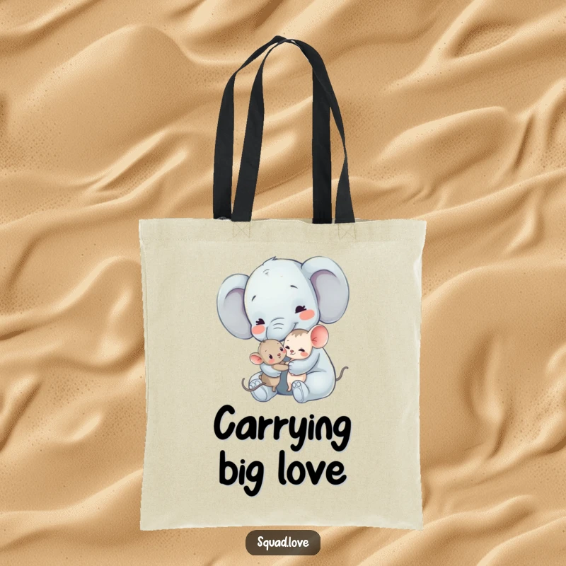 Funny Elephant and Mouse Tote Bag: A gentle elephant hugs a tiny mouse, a heartwarming design for carrying daily items.
