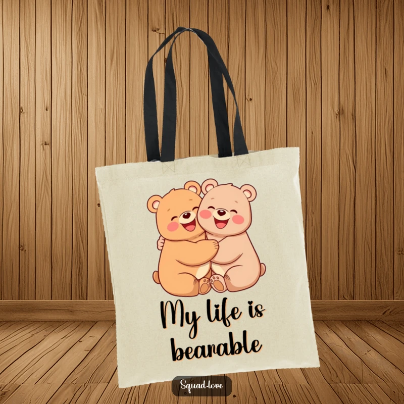 Funny tote bag with two beaming bears, smiling wide with pink cheeks, embracing tightly, symbolizing love and companionship.