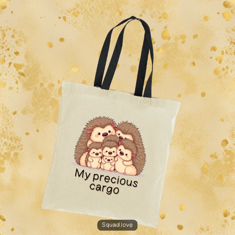 Funny tote bag depicting a heartwarming family of hedgehogs huddled together, looking cozy and content. Ideal for errands.