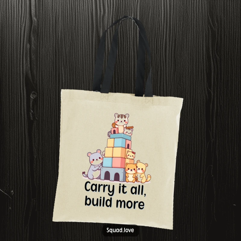 Funny tote bag illustrating kawaii animals working together to build a magnificent block tower, ideal for carrying daily items with playful charm.