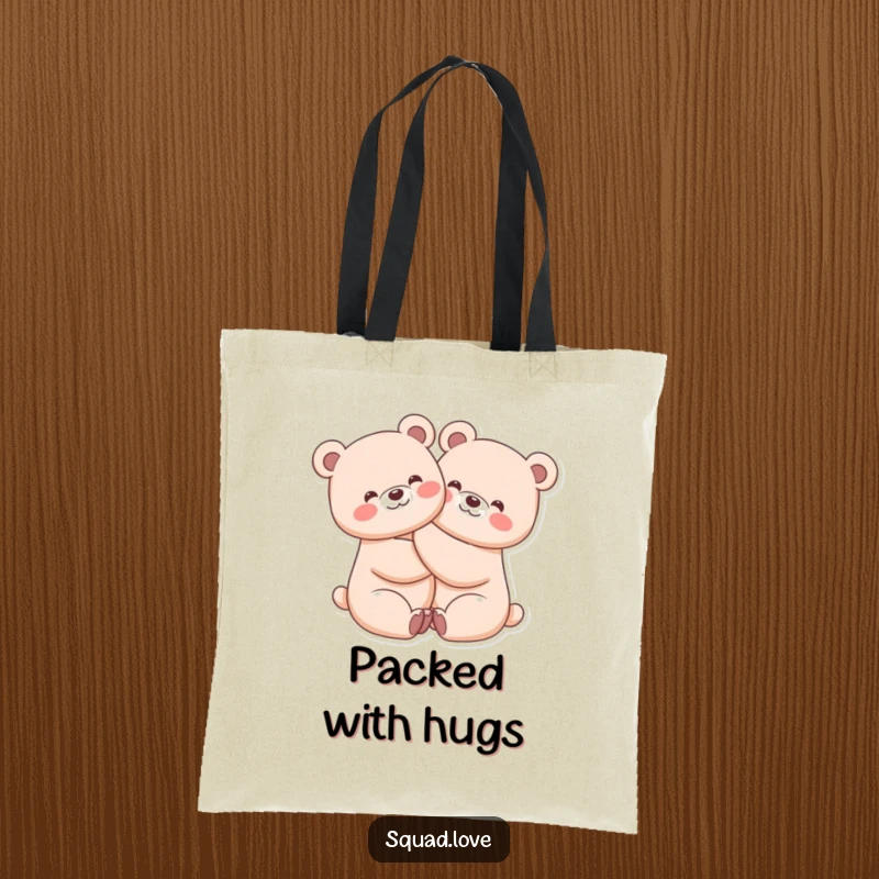 Funny tote bag featuring two kawaii bears in an ecstatic hug, perfect for carrying items with a cheerful vibe.