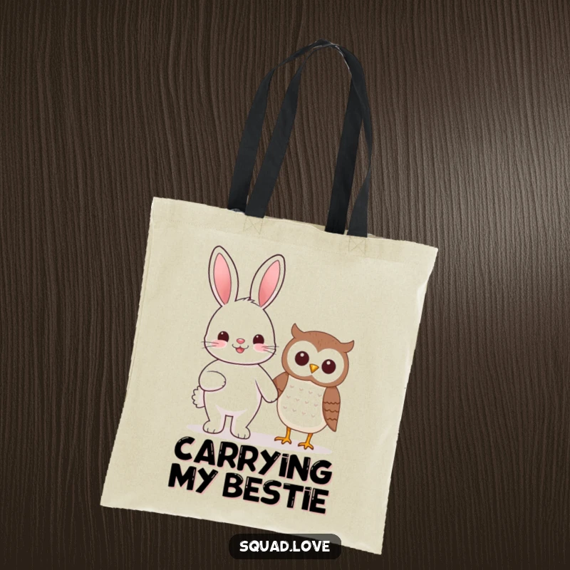 Funny beaming kawaii bunny and smiling owl holding hands, on a durable and stylish tote bag.