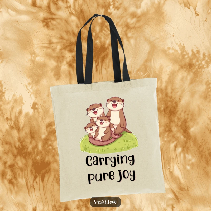Funny otter family tote bag illustrating happy otters sliding down a green grassy hill, a charming and practical accessory.