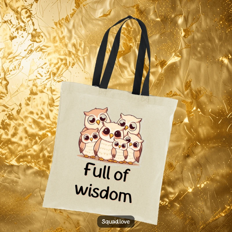 Funny owl family tote bag, depicting a smiling, huddling group of owls, perfect for carrying daily essentials with joy.
