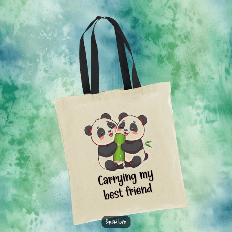Funny Tote Bag featuring two smiling pandas hugging and sharing bamboo, perfect for carrying daily items with a touch of playful charm.