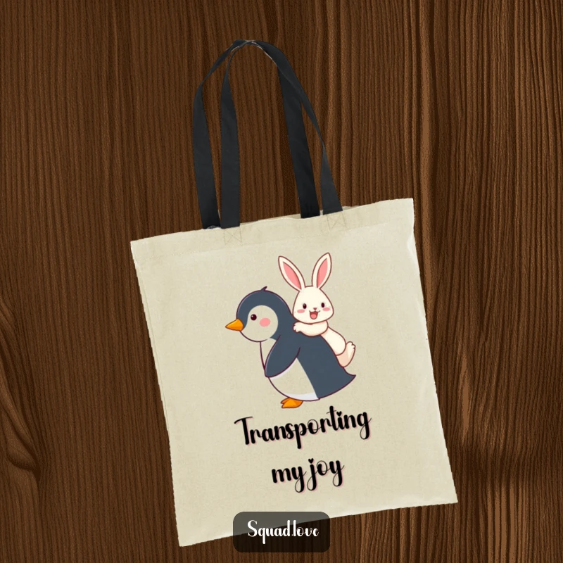 Funny tote bag showing a penguin giving a happy rabbit a piggyback ride, perfect for carrying items with a smile.