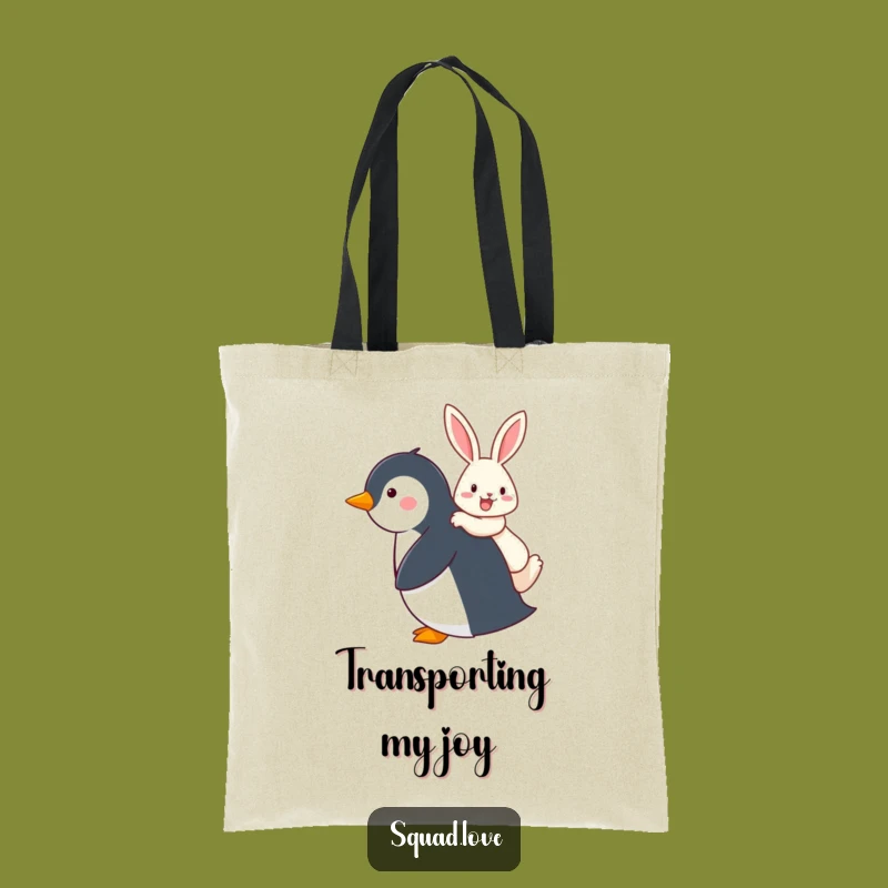 Funny Penguin & Rabbit Piggyback Tote Bag, Cute Grocery Bag Gift