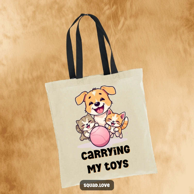 Funny tote bag showcasing a happy dog and cat playfully chasing a ball, perfect for carrying essentials with pet-themed cheer.
