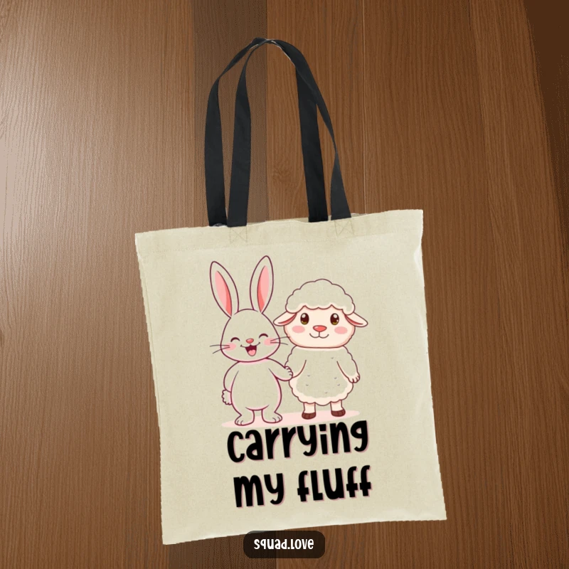 Funny tote bag with a cheerful rabbit holding hands with a fluffy sheep, symbolizing friendship and gentle connection.