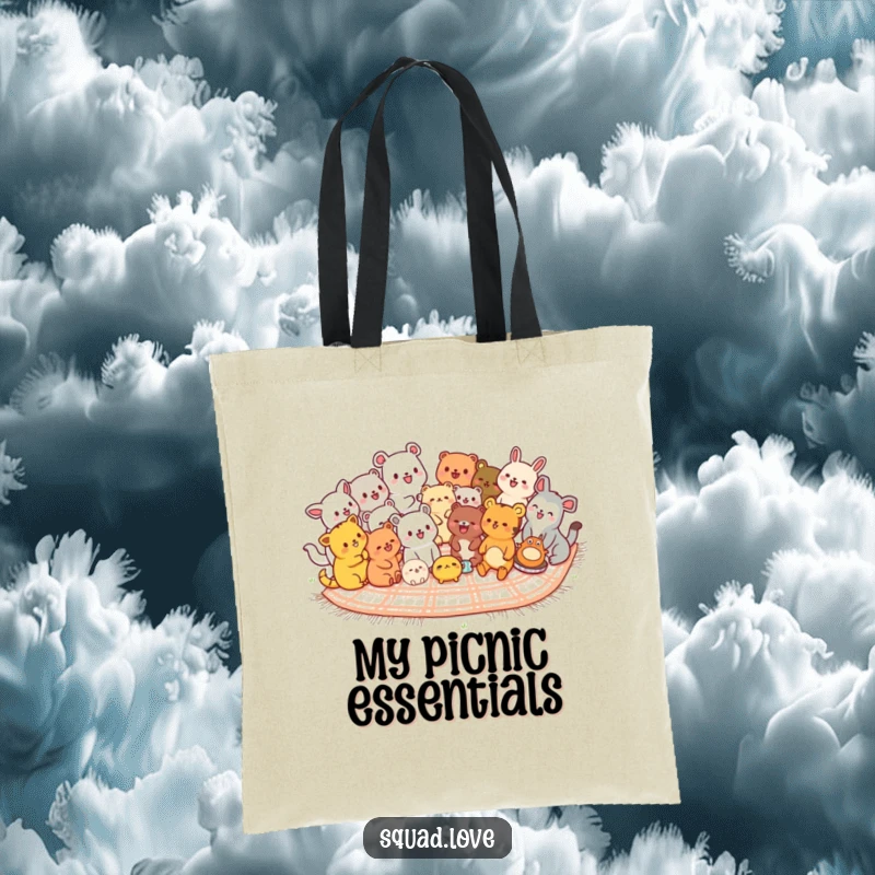 Funny kawaii animals tote bag, diverse cute animals laughing while sharing a picnic blanket, perfect for carrying joyful items.
