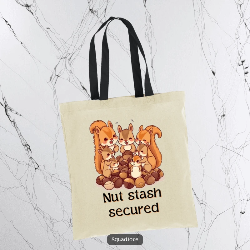 Funny tote bag illustrated with a squirrel family chattering over a pile of acorns, showcasing playful hoarding and woodland charm.