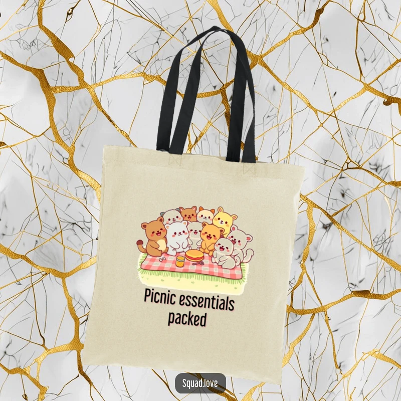 Funny tote bag featuring diverse kawaii animals laughing on a picnic blanket, perfect for carrying items with cheer.